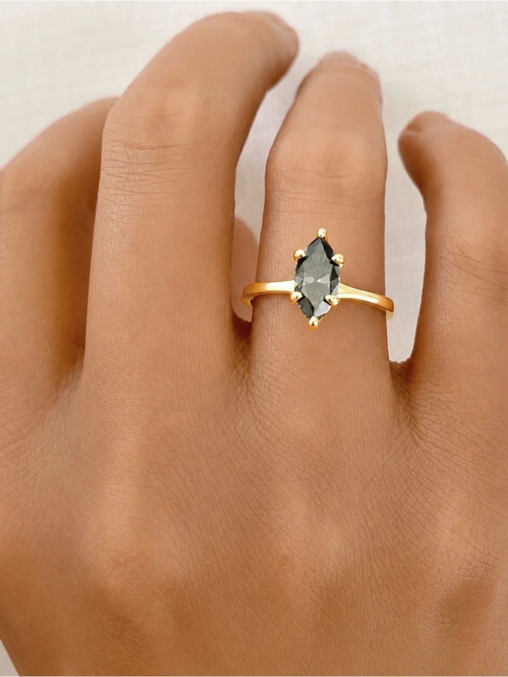 Yellow Gold Marquise Dark Gray Moissanite Diamond Sterling Silver Solitaire Ring